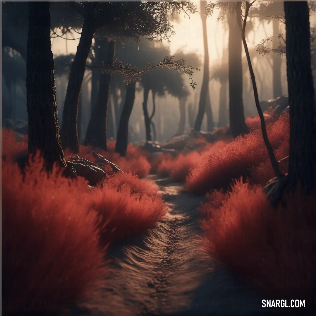 Path through a forest with red grass and trees in the background. Example of CMYK 0,80,60,25 color.