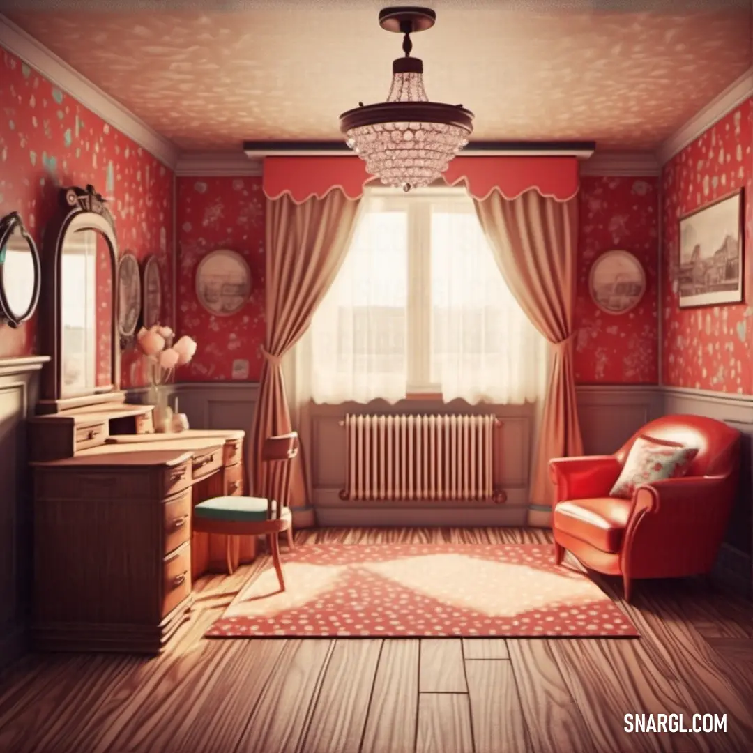 Room with a chair, desk, mirror and a radiator in it with a red wallpaper. Color #B03F3E.