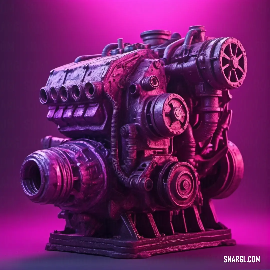 Large engine on a stand in a room with a purple light behind it and a black background. Example of RGB 135,0,90 color.