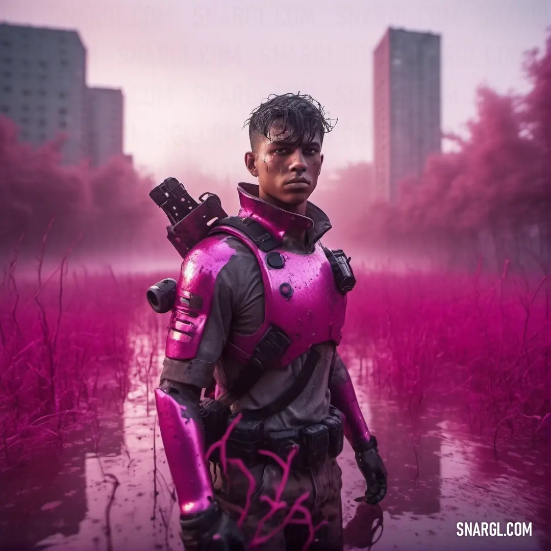 Man in a pink suit standing in a swampy area with tall buildings in the background. Color #87005A.
