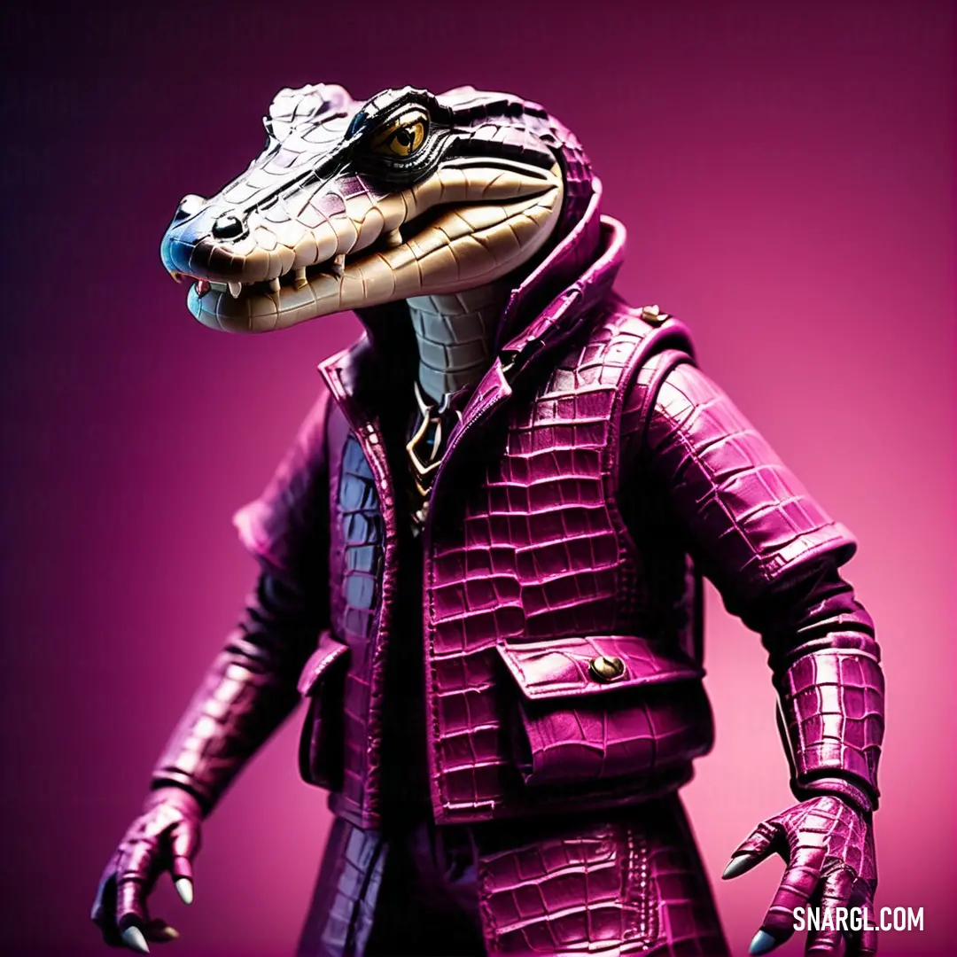 Toy alligator wearing a purple leather outfit. Color CMYK 15,100,0,45.