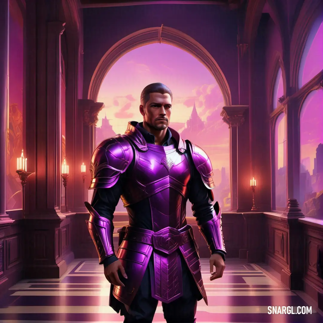 Man in a purple suit standing in a hallway with a purple light behind him. Example of RGB 139,5,127 color.