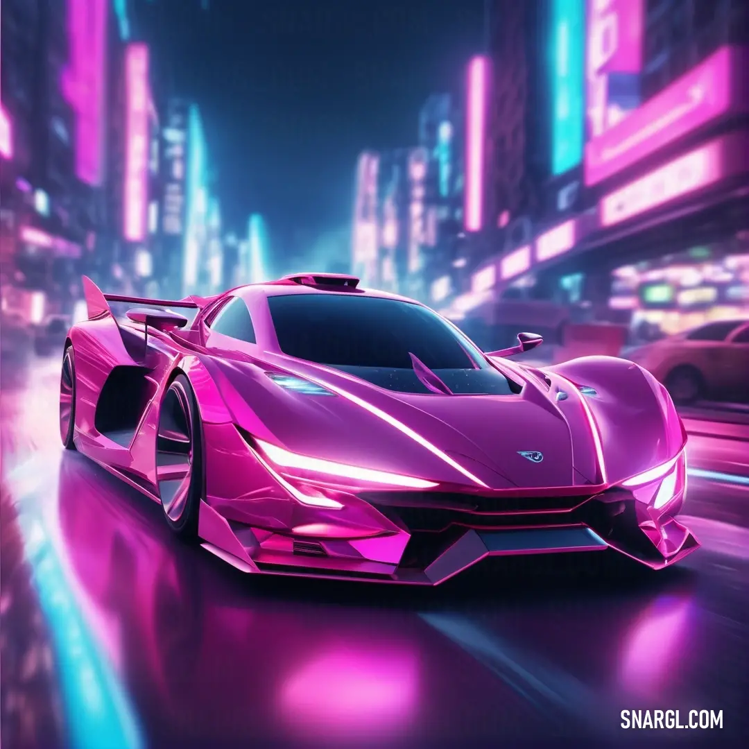 Pink sports car driving down a city street at night with neon lights on the buildings and cars in the background