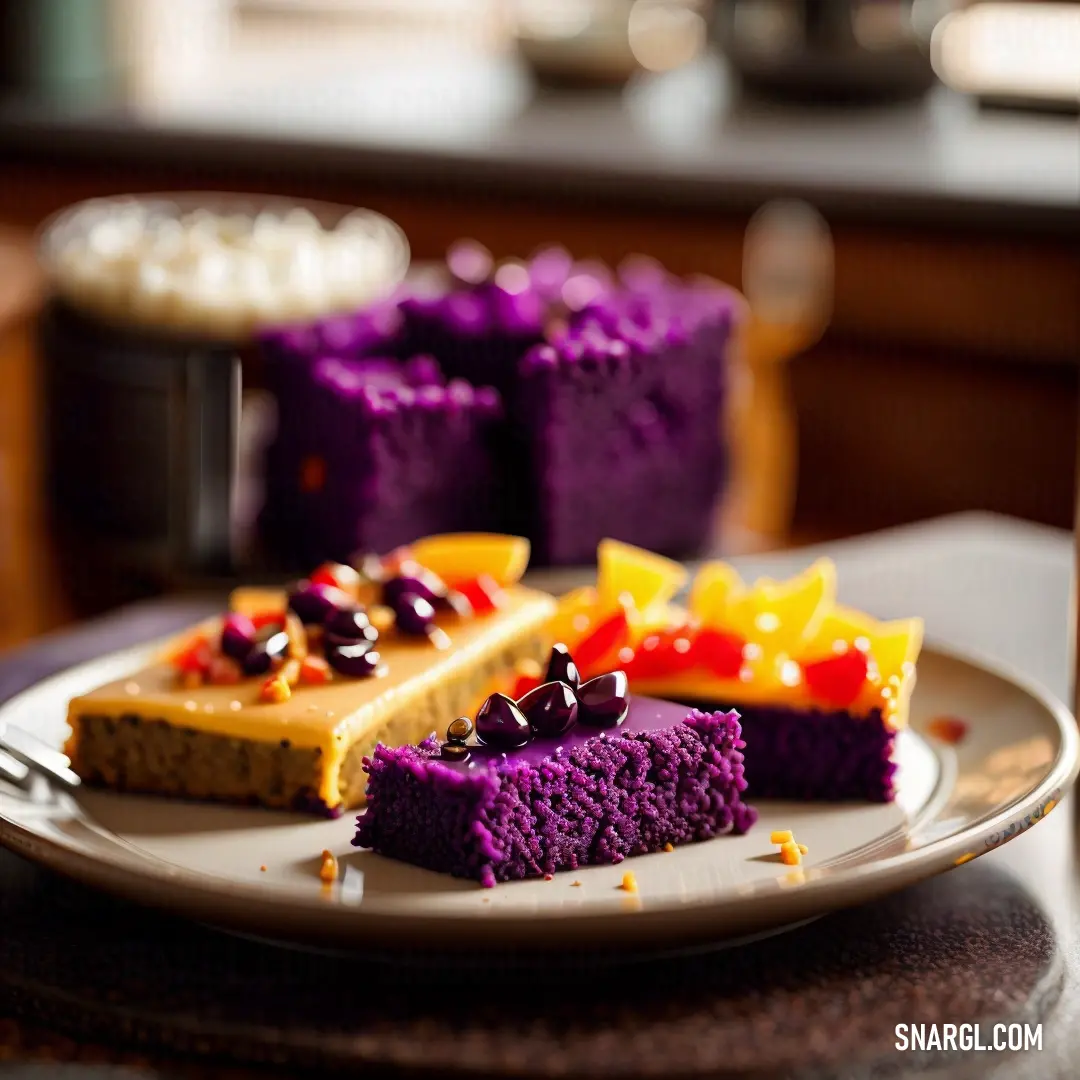 Plate of cake with a fork on a table next to a cup of coffee and a plate of desserts. Color RGB 139,5,127.