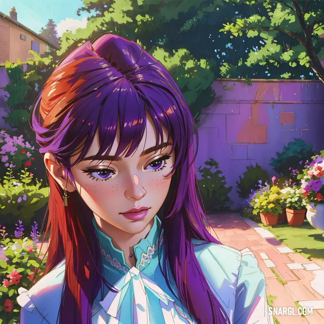 Girl with purple hair and a blue shirt in a garden with flowers and trees in the background. Example of NCS S 3055-R50B color.