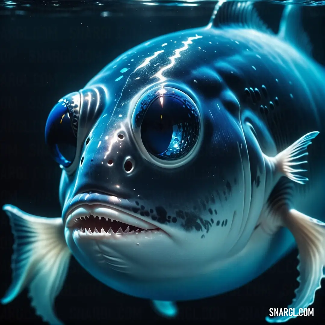 Fish with a big blue eye and a big smile on its face is swimming in the water with a black background. Example of CMYK 100,20,0,45 color.