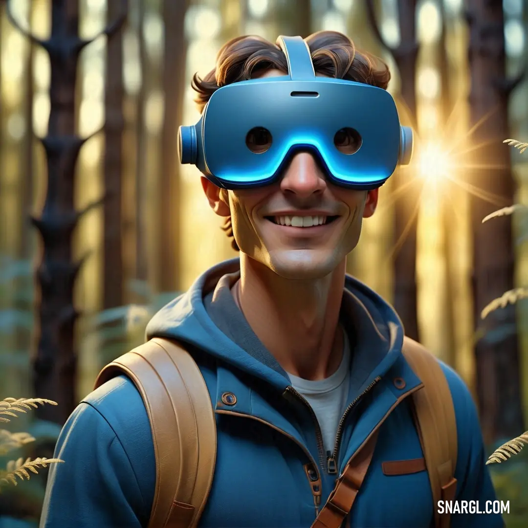 Man wearing a blue virtual reality headset in a forest with trees and grass in the background. Color #005D84.