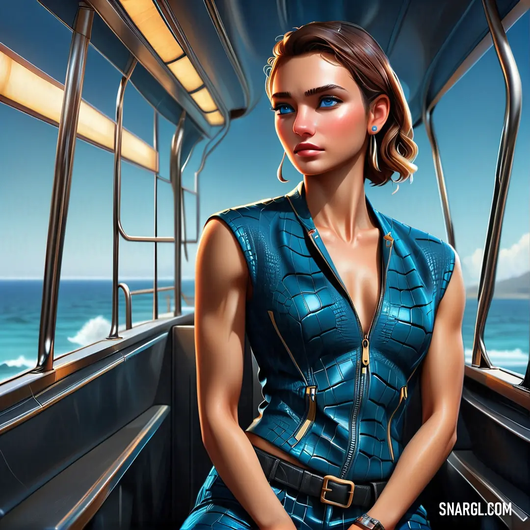 NCS S 3060-B color. Woman in a blue dress on a train next to the ocean and a blue sky with clouds