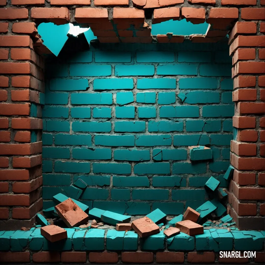 Brick wall with a hole in it that has been torn apart and is being used as a background. Example of CMYK 98,0,48,30 color.