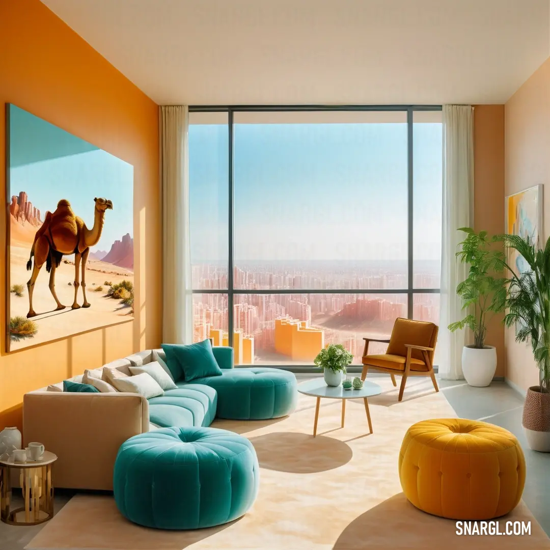 Living room with a camel painting on the wall and a couch and chair in the middle of the room. Example of CMYK 98,0,48,30 color.