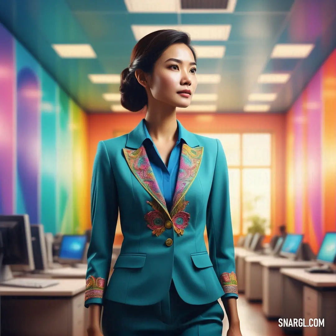 Woman in a blue suit and a colorful wall behind her is a laptop computer. Example of #007D77 color.