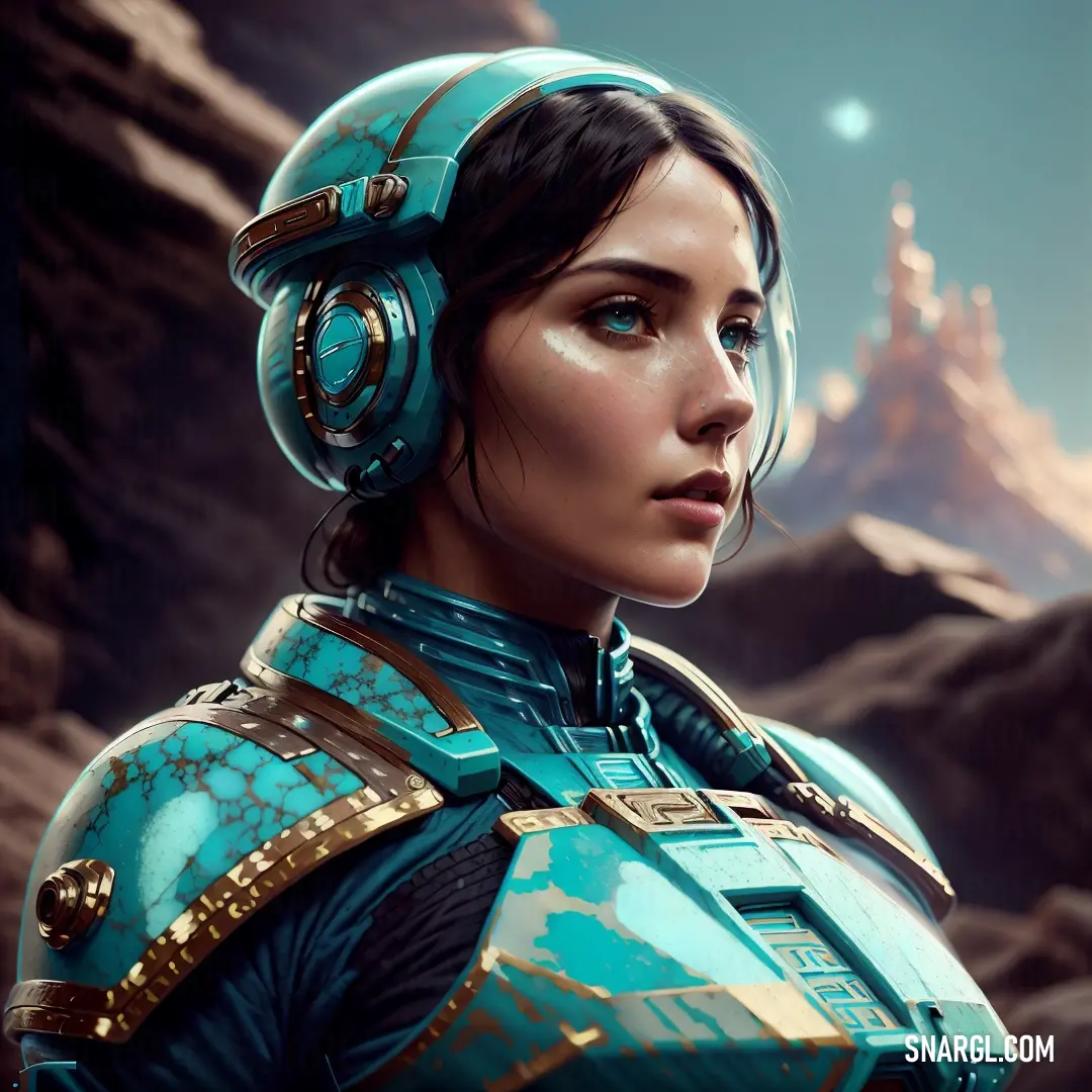 Woman in a futuristic suit with headphones on her head and a mountain in the background. Color CMYK 98,0,48,30.