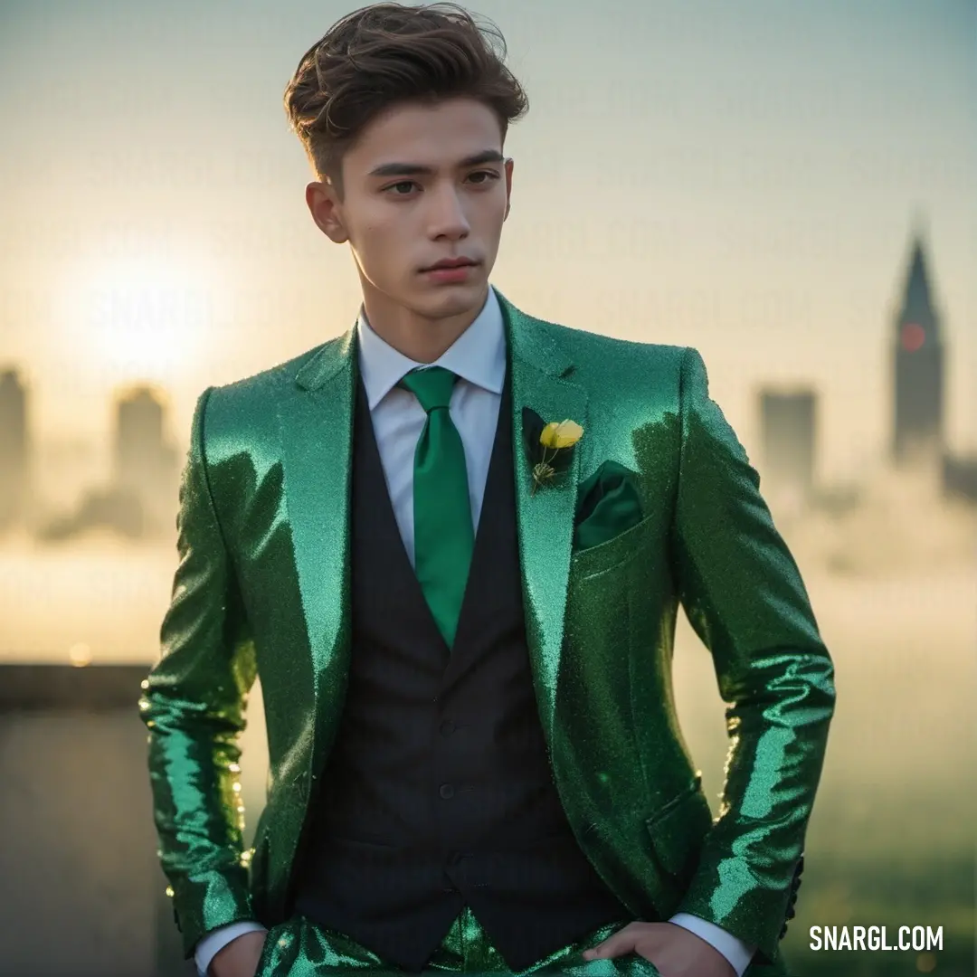 Man in a green suit and tie standing in front of a city skyline at sunset with his hands in his pockets. Example of CMYK 100,0,95,25 color.