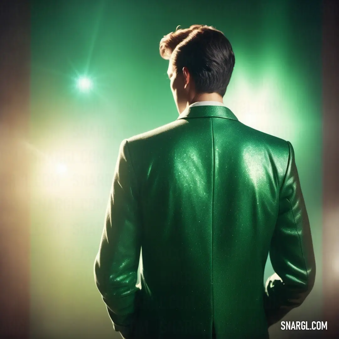Man in a green suit is looking at something in the distance with a green light behind him. Color RGB 0,125,68.