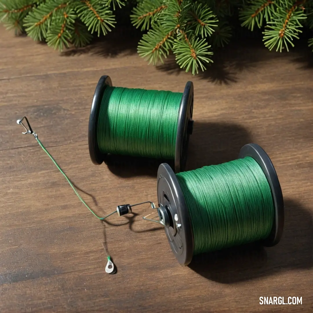 NCS S 3060-G color. Two spools of green thread are on a wooden table next to a spool of thread