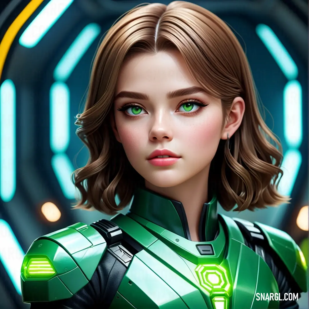 NCS S 3060-G color. Woman in a green suit with a futuristic background