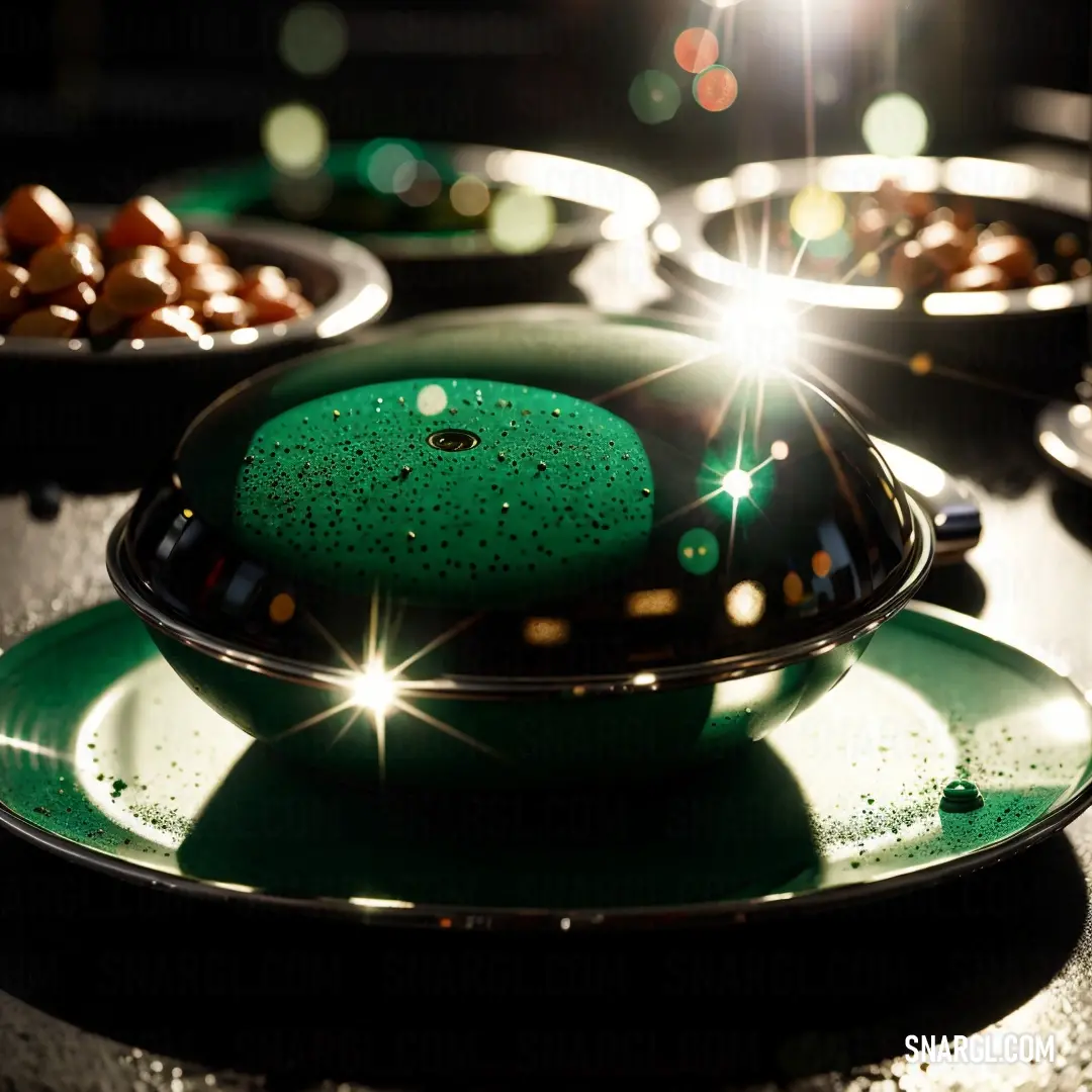 Green cake on top of a green plate on a table next to other plates of food on a table. Example of CMYK 90,0,90,25 color.