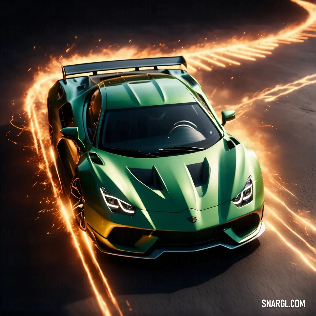 Green sports car driving on a track with bright lights on it's hood. Example of #008240 color.