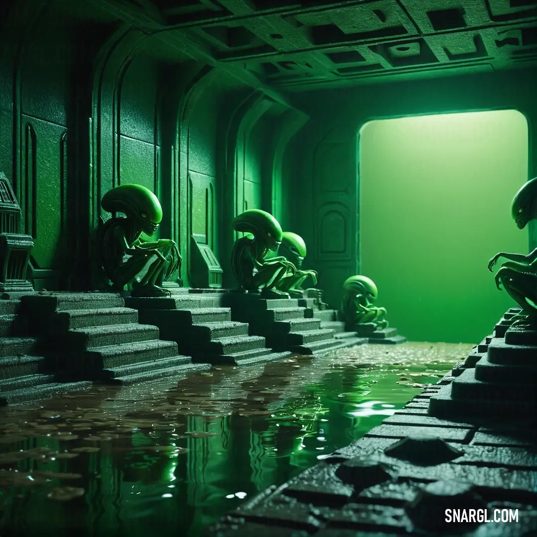 Group of alien statues on top of steps in a room with green walls and stairs leading to a doorway. Color #008240.