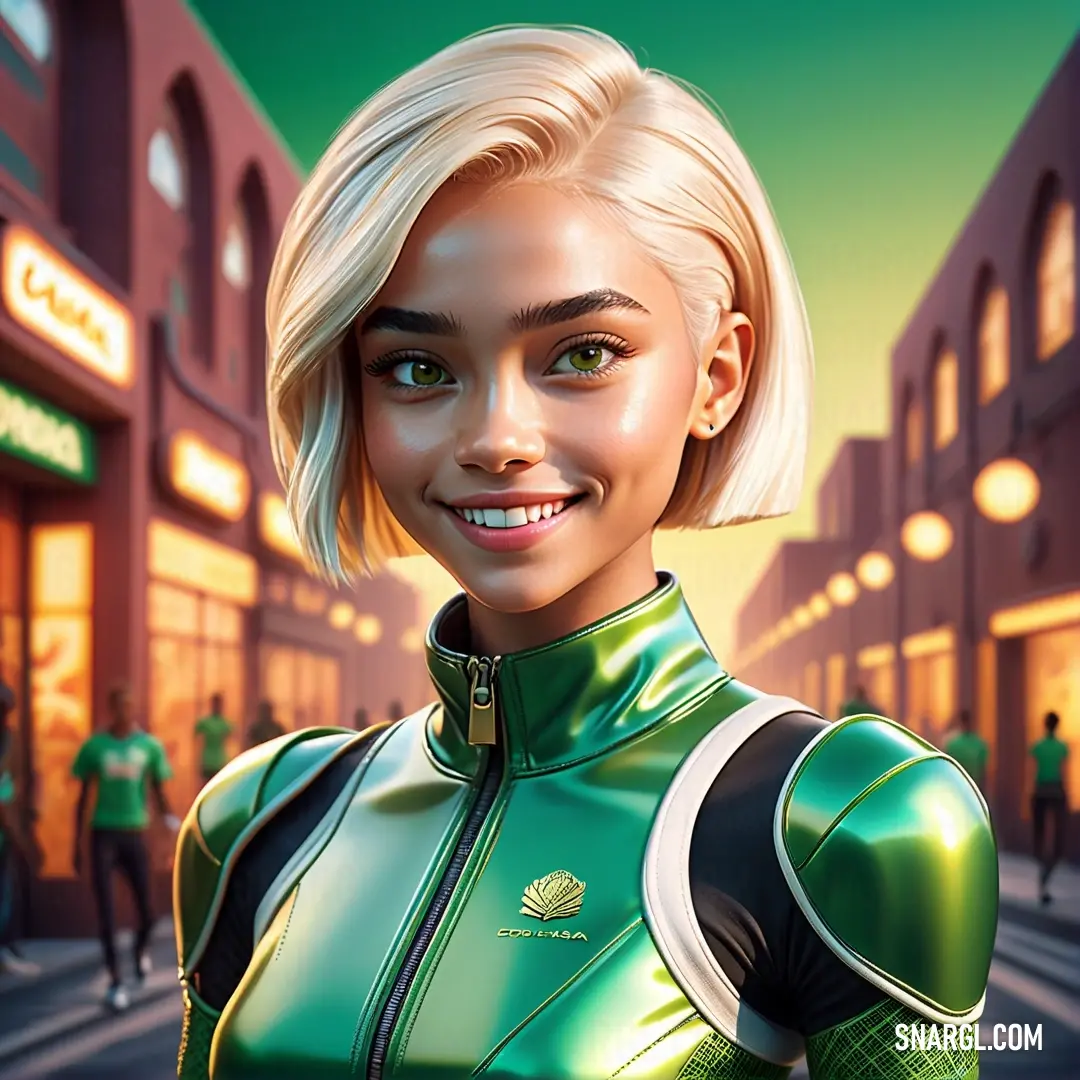 Woman in a green suit standing in front of a store front with a smile on her face. Color #008240.