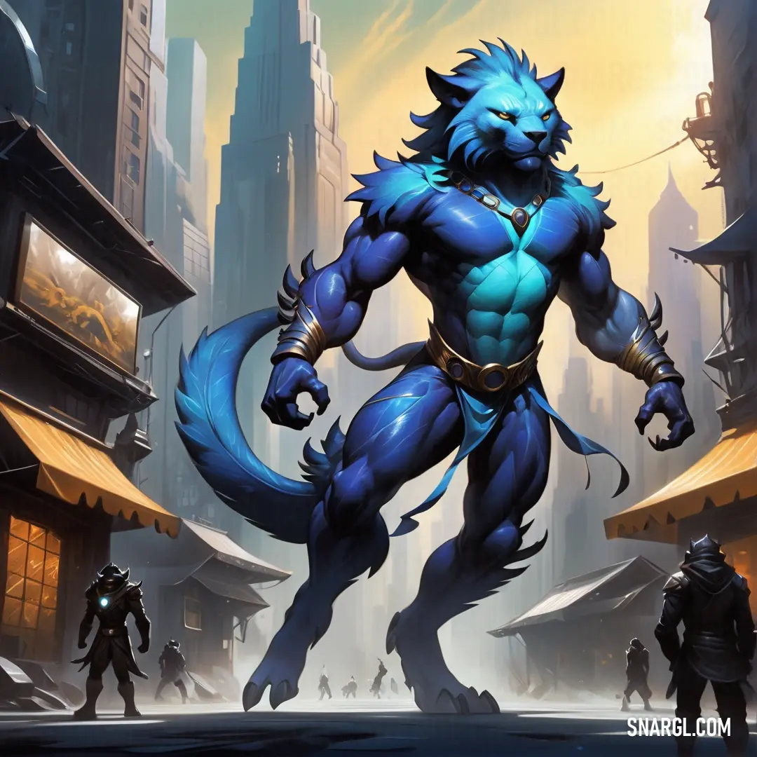 Blue wolf with a blue mane and a blue tail standing in front of a cityscape with buildings. Color CMYK 90,85,0,0.