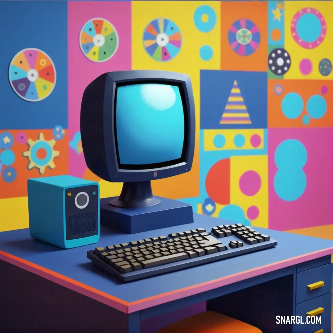 Computer with a blue screen and keyboard on a desk in front of a colorful wall with circles. Example of #403F9A color.