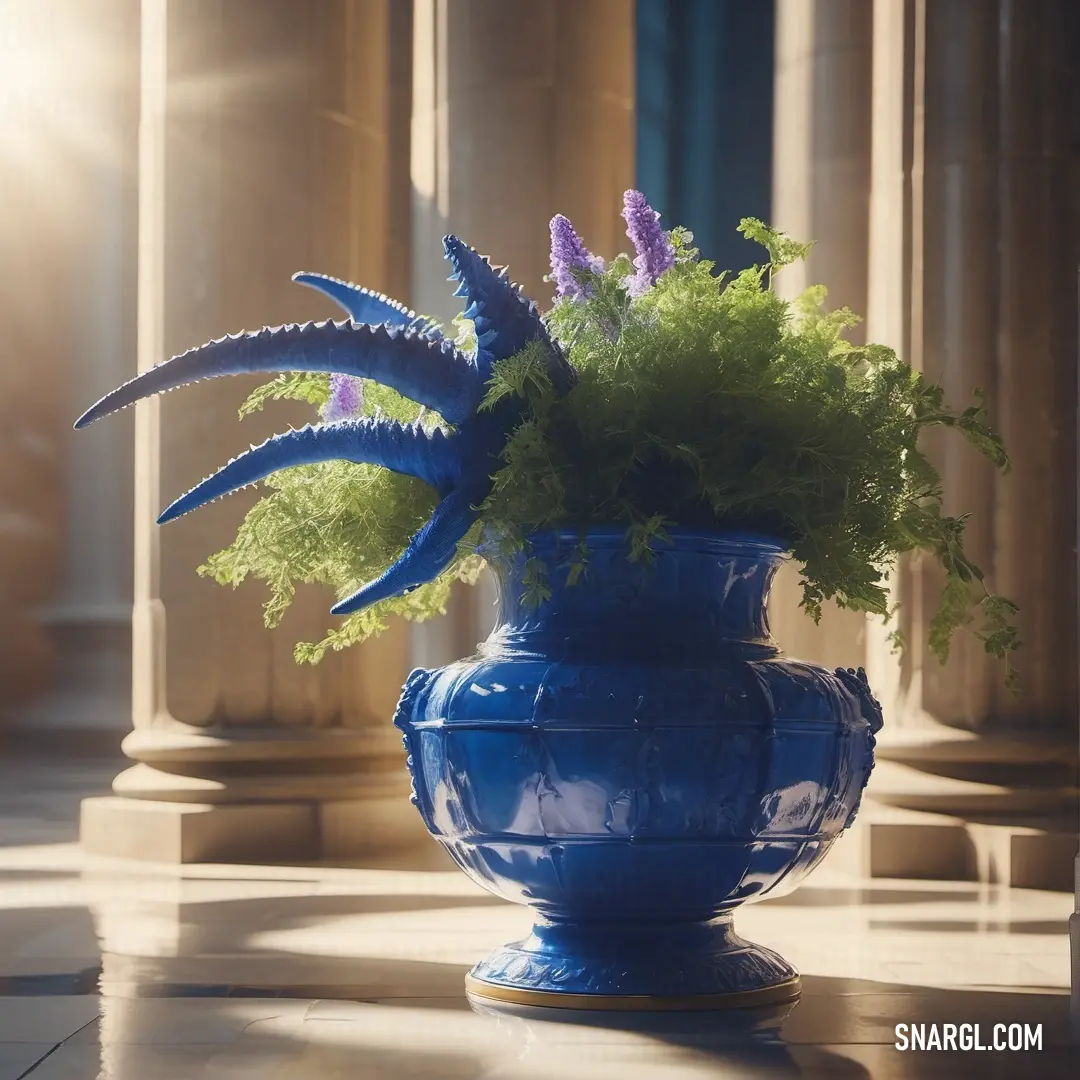 Blue vase with a plant in it on a table in a room with columns. Color RGB 19,74,152.