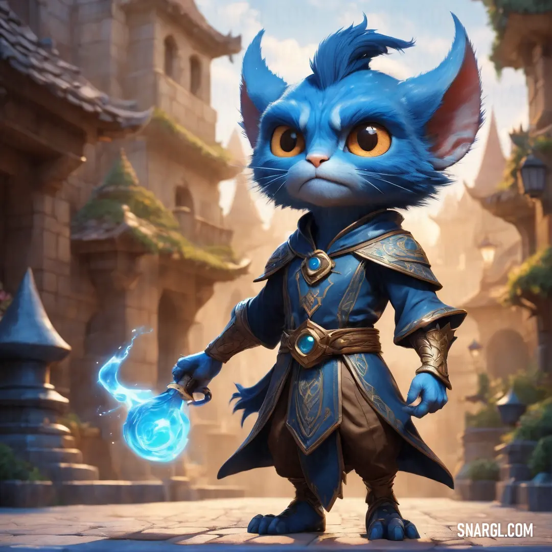 Blue cat in a fantasy setting with a blue orb in its hand. Example of NCS S 3060-R90B color.