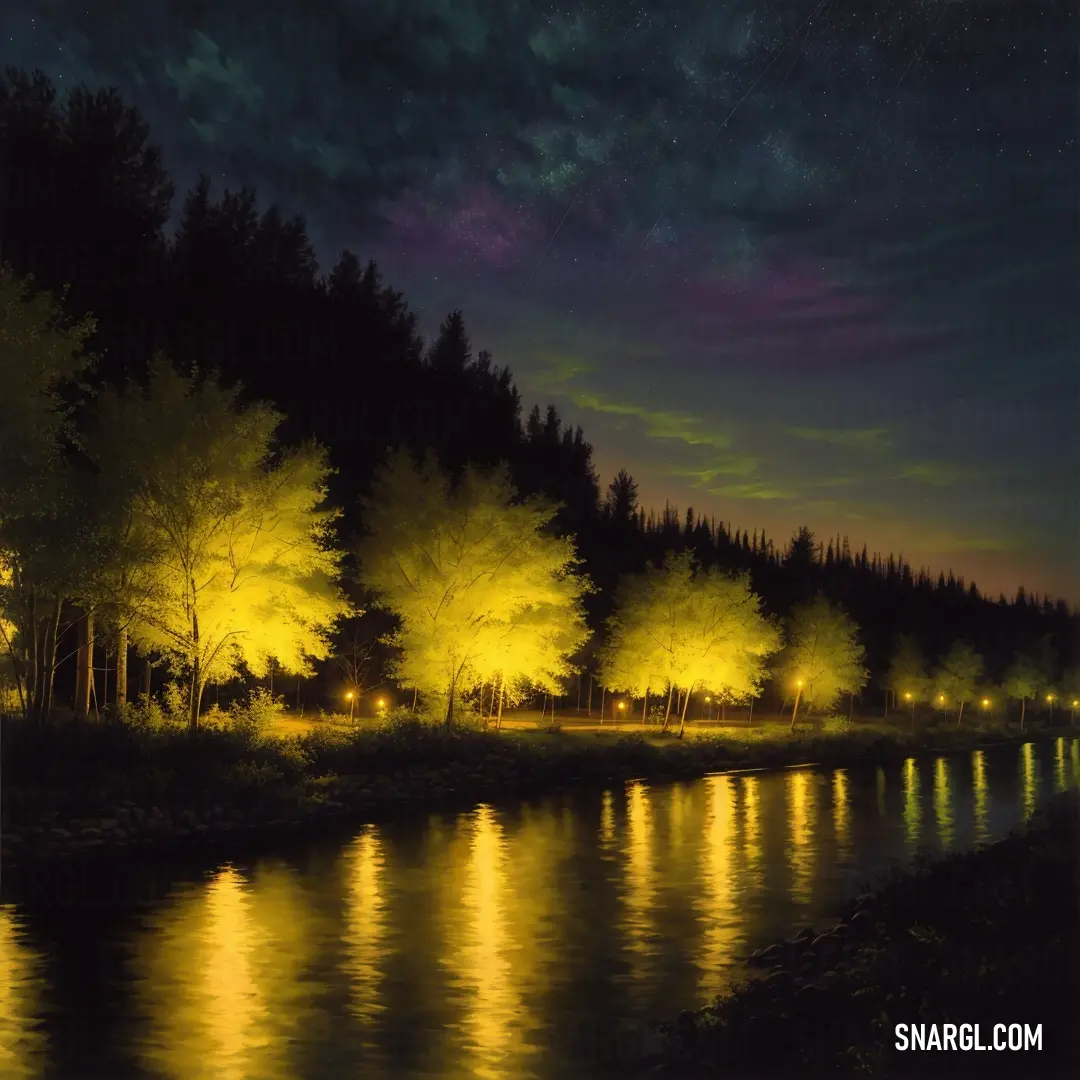 River with trees and lights reflecting in the water at night time with stars in the sky above it. Example of CMYK 0,25,95,40 color.