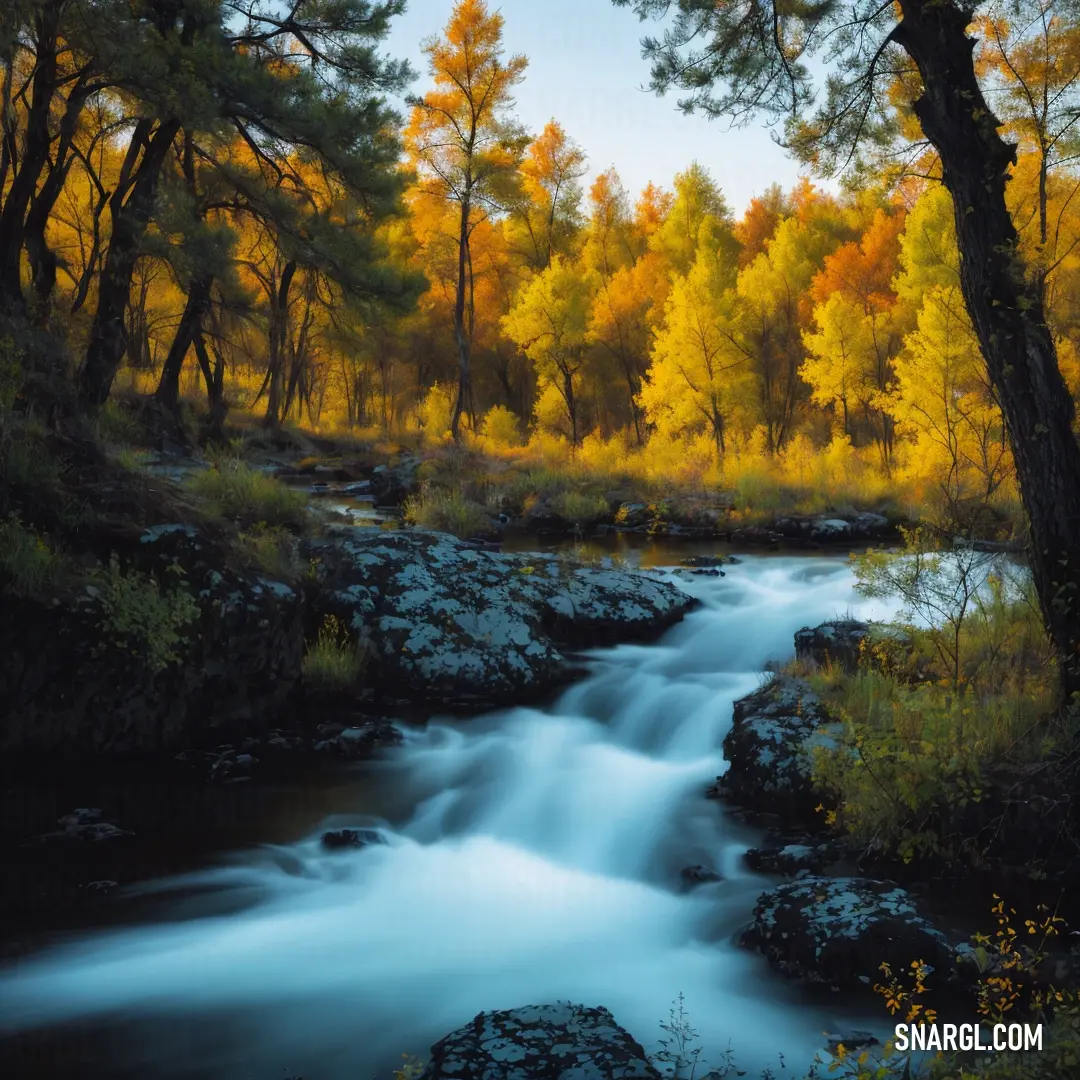 Stream running through a forest filled with trees and rocks in the fall colors of the leaves on the trees. Color RGB 156,121,0.