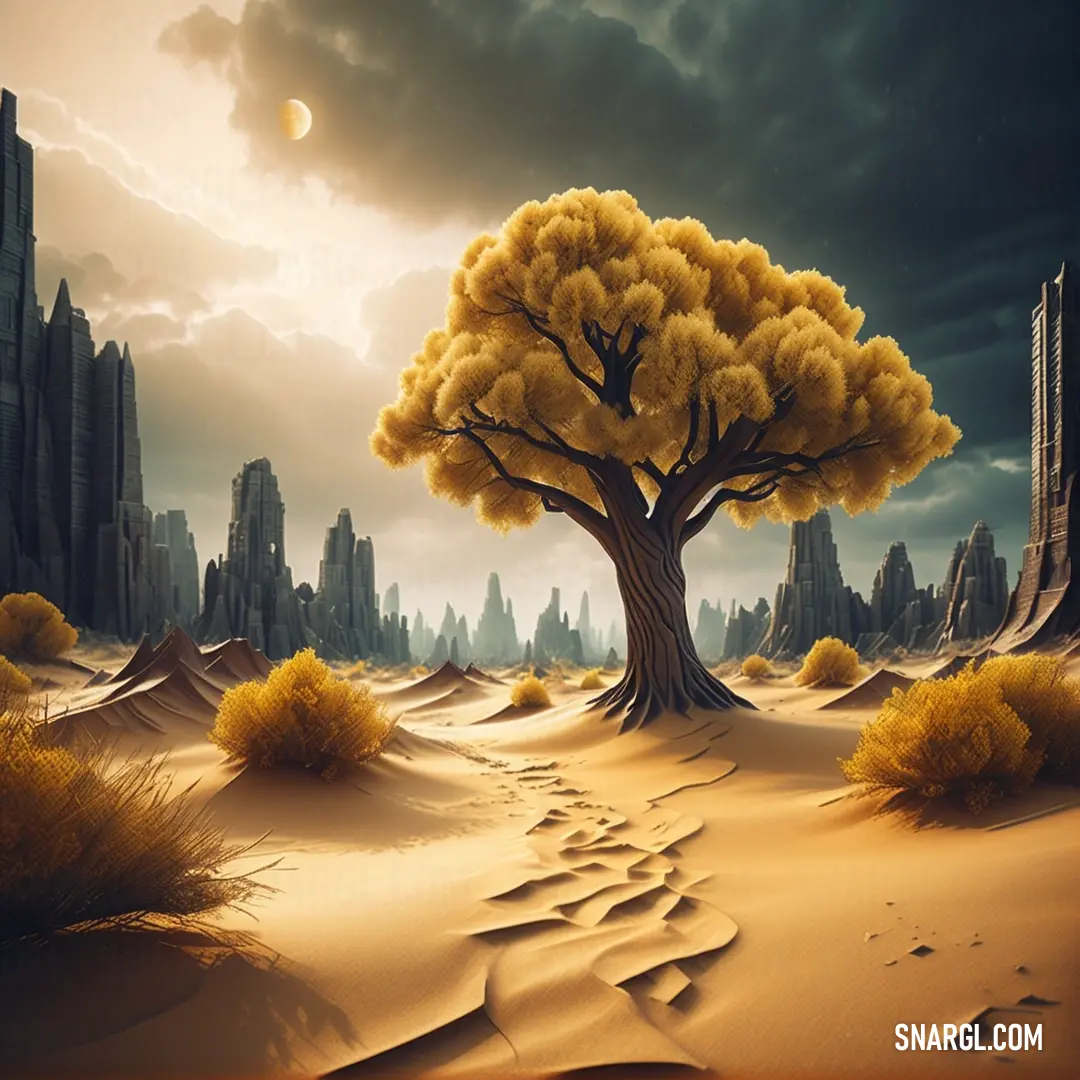 Desert scene with a tree and a city in the background. Example of CMYK 0,37,100,30 color.