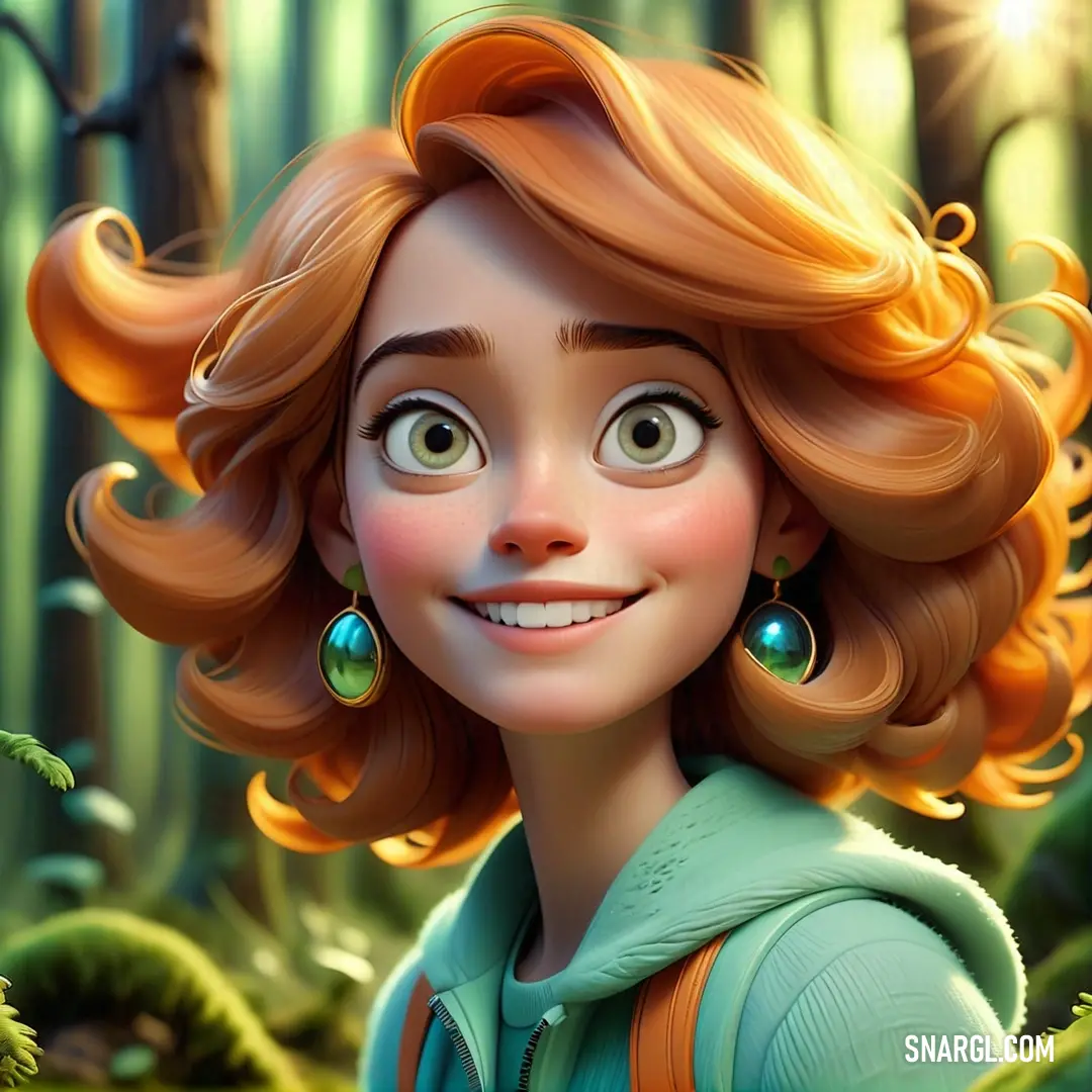 Cartoon girl with red hair and green eyes in a forest with trees and grass. Example of CMYK 0,60,100,22 color.