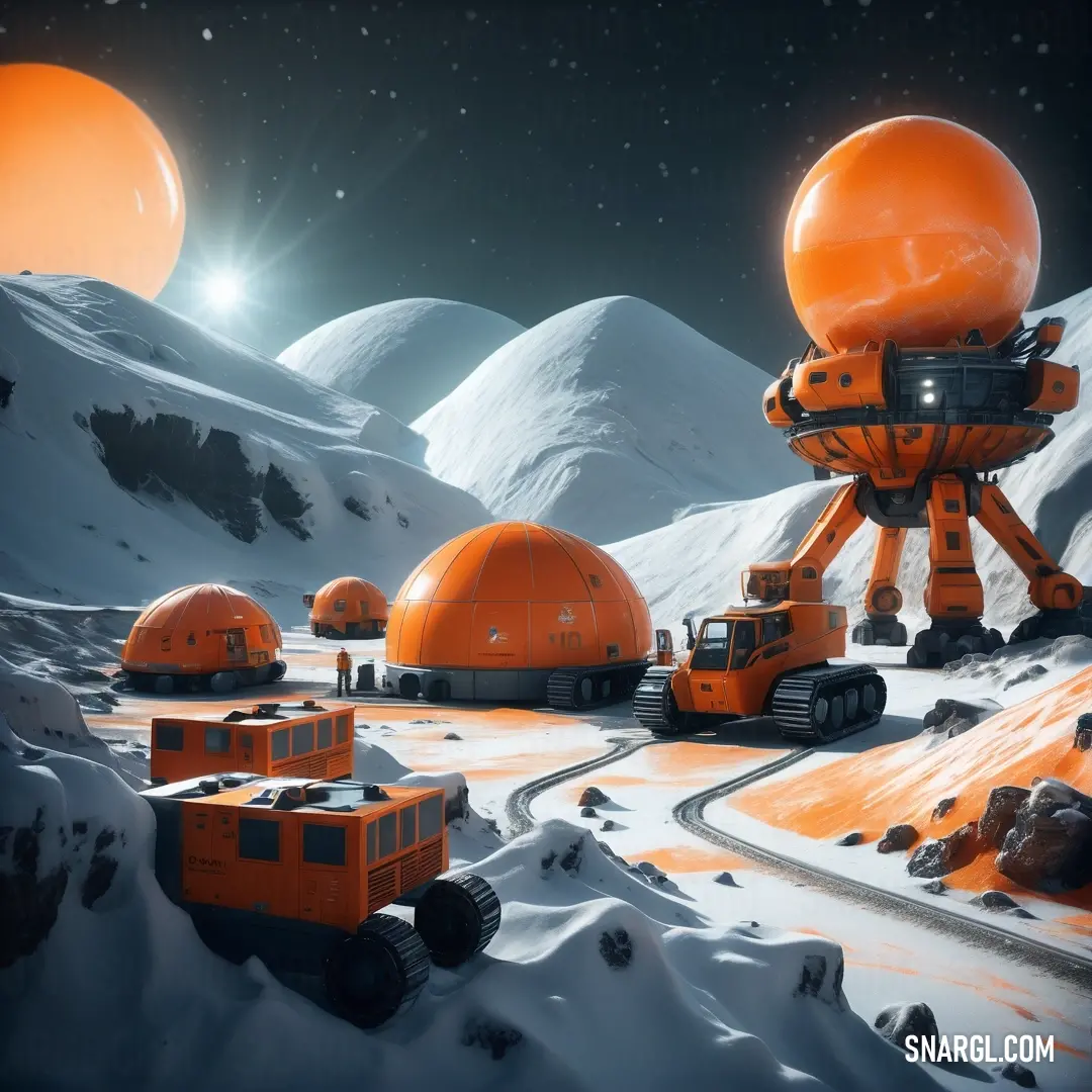 Group of orange robots in a snowy landscape with mountains in the background. Color CMYK 0,60,100,22.