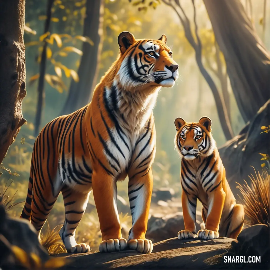 Two tigers standing in the woods next to each other on a rock and looking at something in the distance. Example of CMYK 0,60,100,22 color.