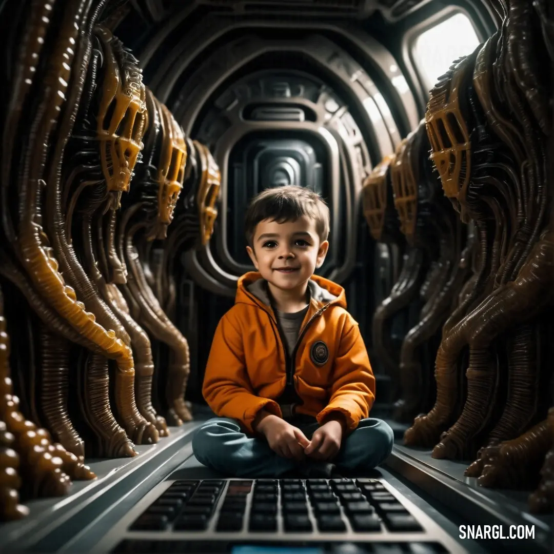 Young boy on a laptop in a room filled with wires and wires and a door that leads to a tunnel. Color NCS S 3060-Y30R.