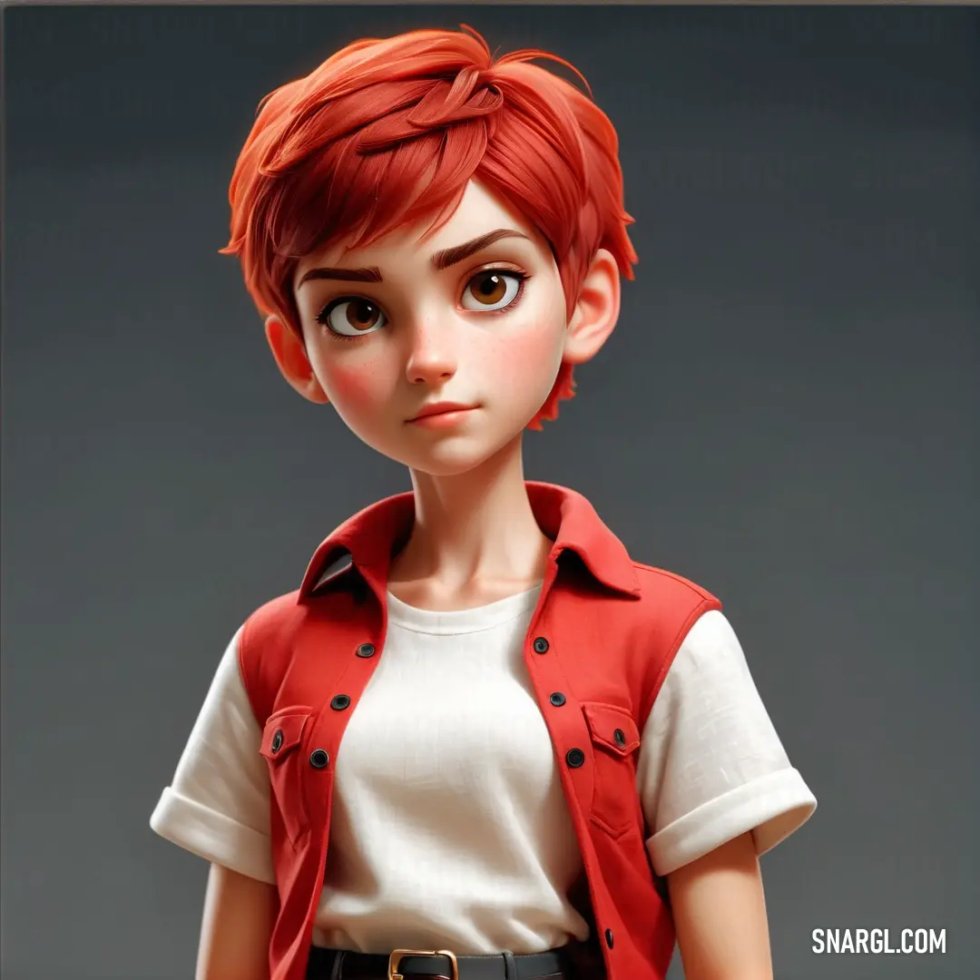 Cartoon character with red hair and a white shirt and a red vest on a gray background. Color CMYK 0,82,100,25.