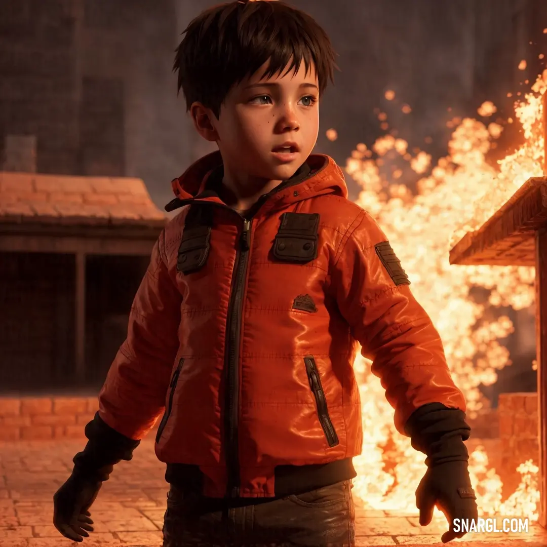 Young boy in a red jacket standing in front of a fire with his hands out. Color NCS S 3060-Y60R.