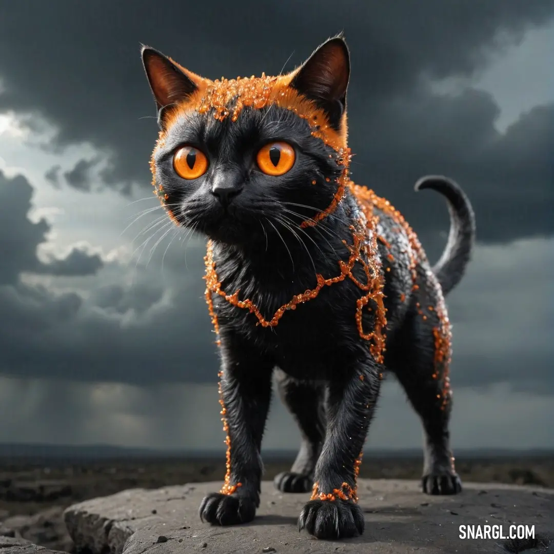 A captivating black cat with bright orange eyes perches confidently on a rock, set against a dramatic cloudy sky, its striking features and mysterious aura making an unforgettable image.