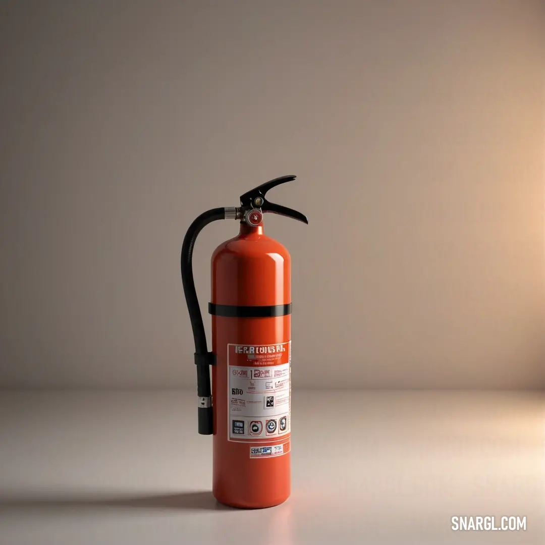 An impactful image of a fire extinguisher featuring a clear view of its design alongside a glowing light on the side, highlighted in the rich NCS S 3060-Y70R color for safety awareness.