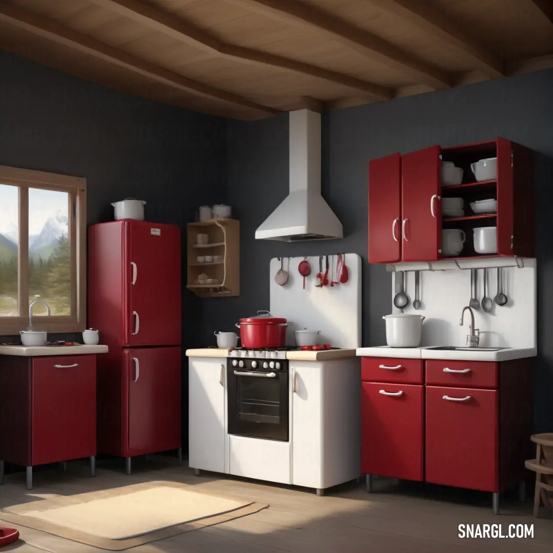 Inviting kitchen with stunning red cabinets that contrast beautifully with white appliances, framed by a picturesque mountain view outside the window, evoking feelings of comfort and culinary inspiration complemented by the rich color (CMYK 0,84,90,33).