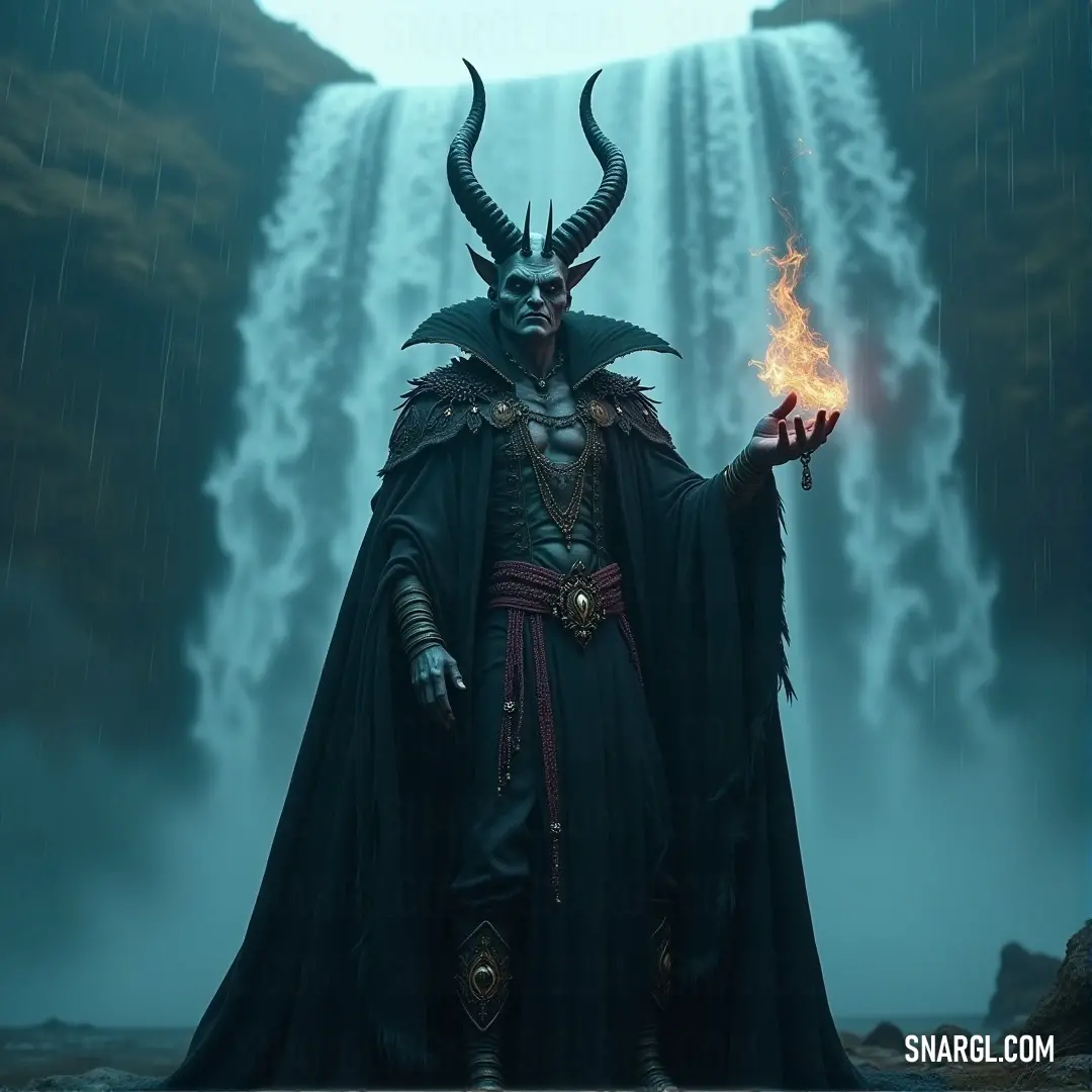 A formidable man in a horned costume clenches a radiant fire in his hand, standing boldly in front of a cascading waterfall, a powerful figure juxtaposed with nature's magnificence.