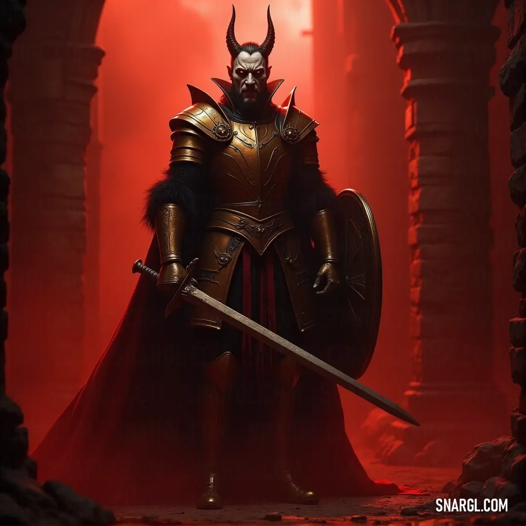 A commanding man clad in a striking red and black outfit wields a sword and shield, standing as a bold figure in a sea of crimson, ready to face any challenge that comes his way.