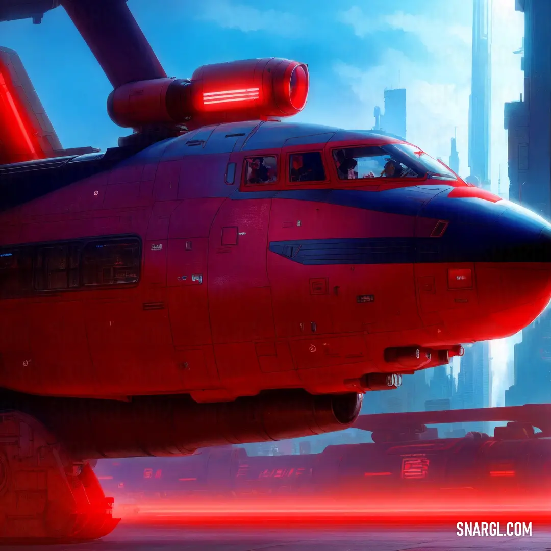 NCS S 3060-Y70R color. Red airplane with a red light on the nose and a city in the background