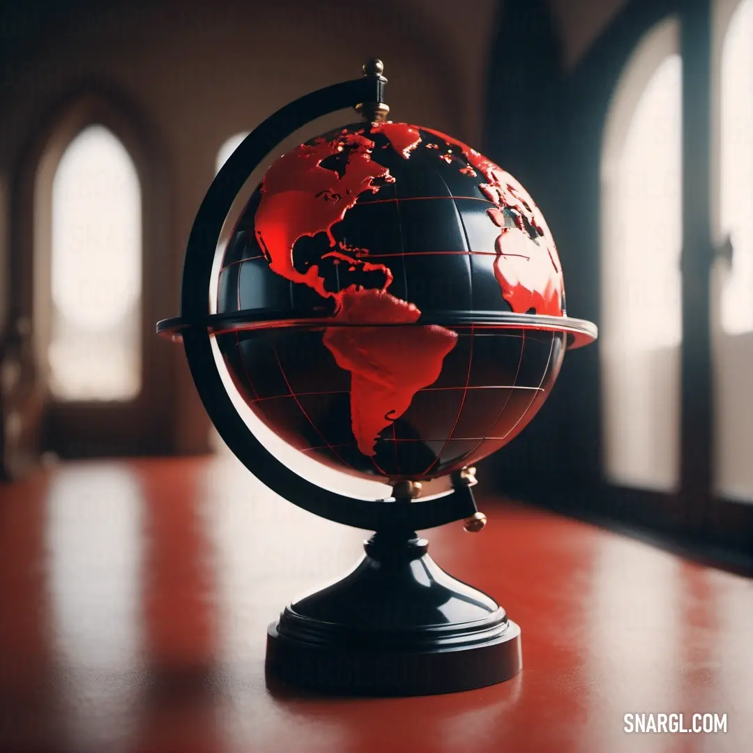 Red and black globe on a wooden table in a church with arched windows and a red flooring. Example of NCS S 3060-Y70R color.
