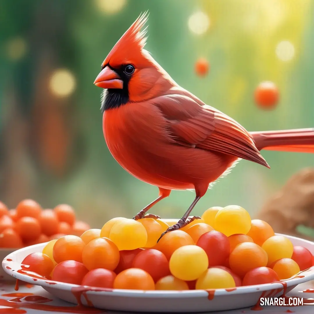 Red bird on top of a plate of fruit on a table with a forest background. Color CMYK 0,84,90,33.