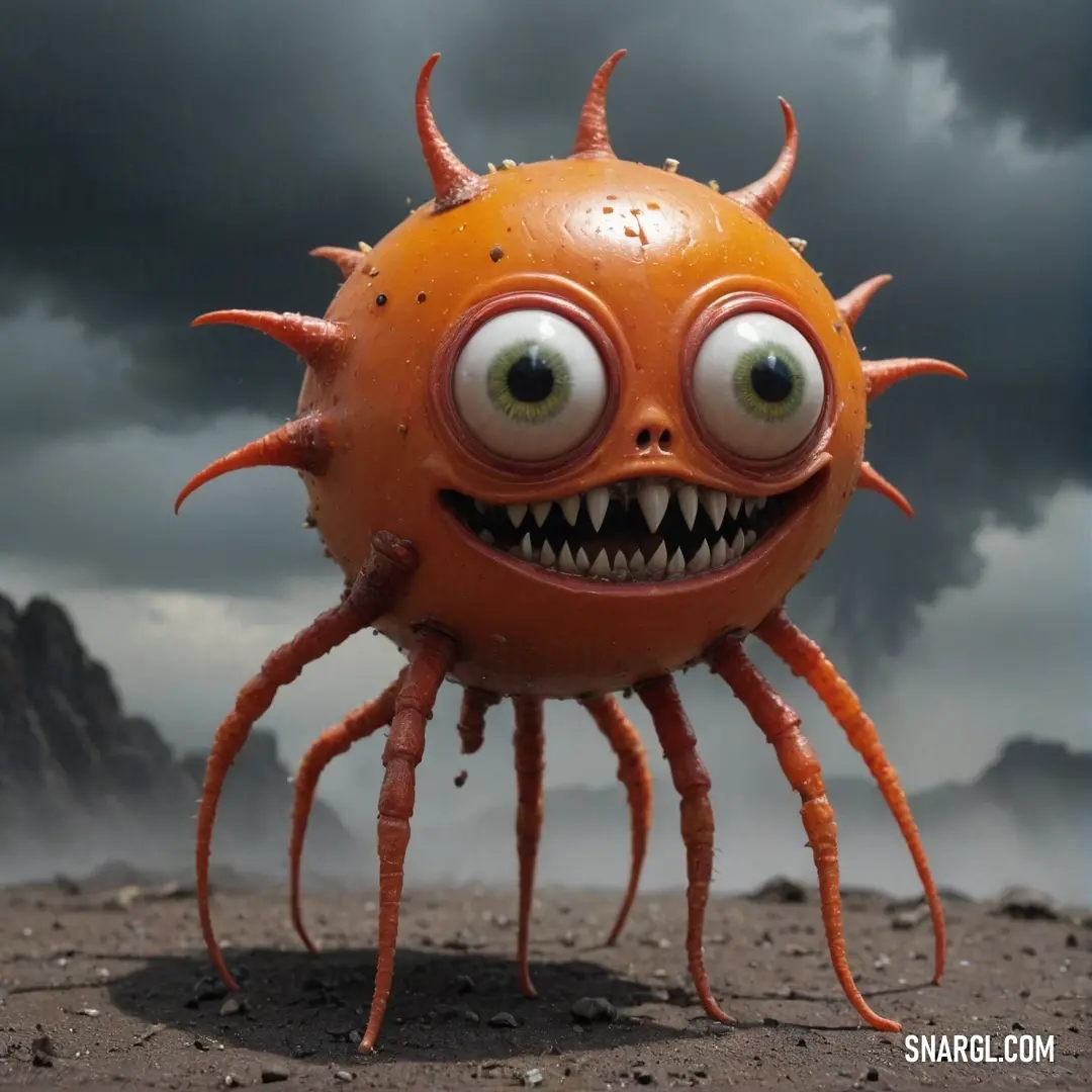 An unusual orange creature captivates with its large, expressive eyes and a mouth brimming with menacing sharp teeth, embodying the wildness of nature. Its striking appearance showcases a vivid RGB color of 160,39,11, mesmerizing anyone who dares to look 