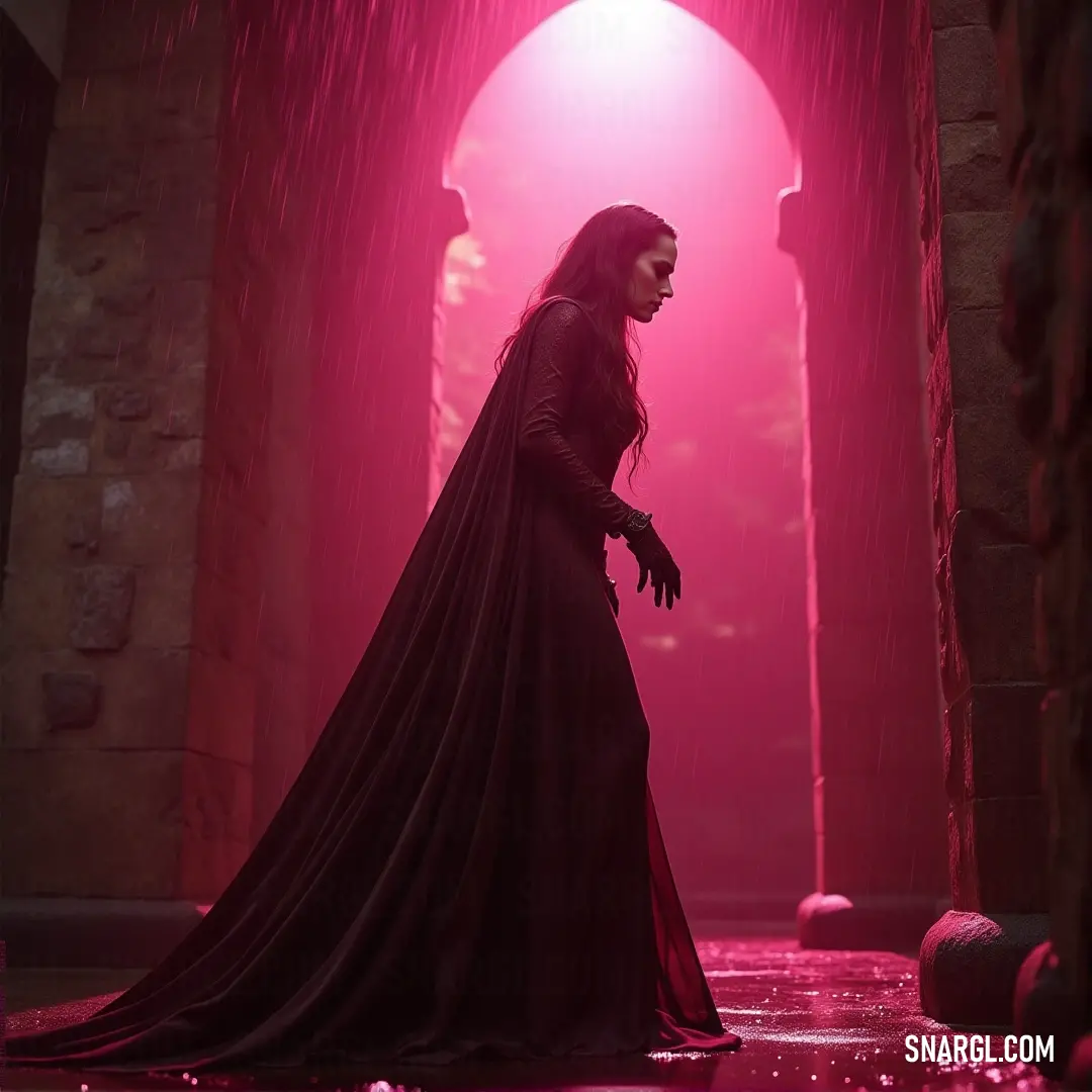 A captivating woman clad in an elegant black gown stands confidently in a vibrant pink light tunnel, exuding grace and allure, with her hands poised at her hips as if preparing for a journey.