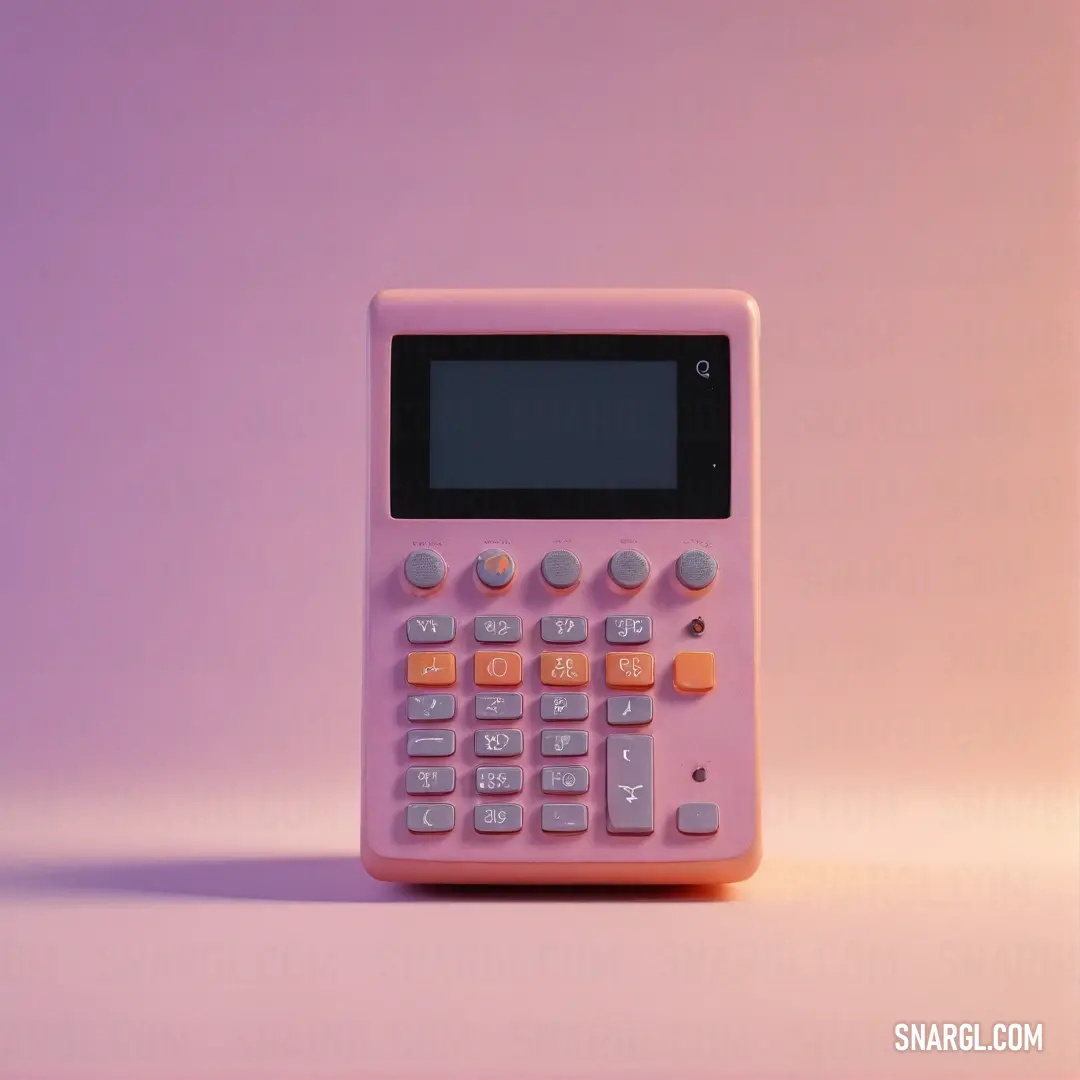 An enchanting pink calculator resting atop a soft pink tabletop, radiating a playful vibe and showcasing the elegant RGB color 160,39,11 in a contemporary setting.