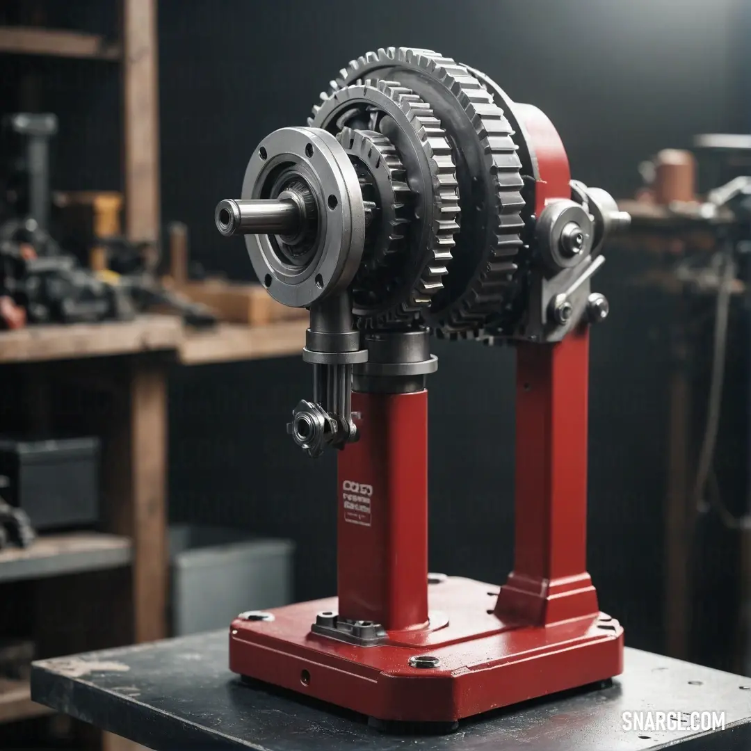 A captivating red machine equipped with a gear wheel, situated on a workbench, surrounded by various tools in a workshop setting. The scene embodies the vibrant NCS S 3060-Y70R color and industrious energy.