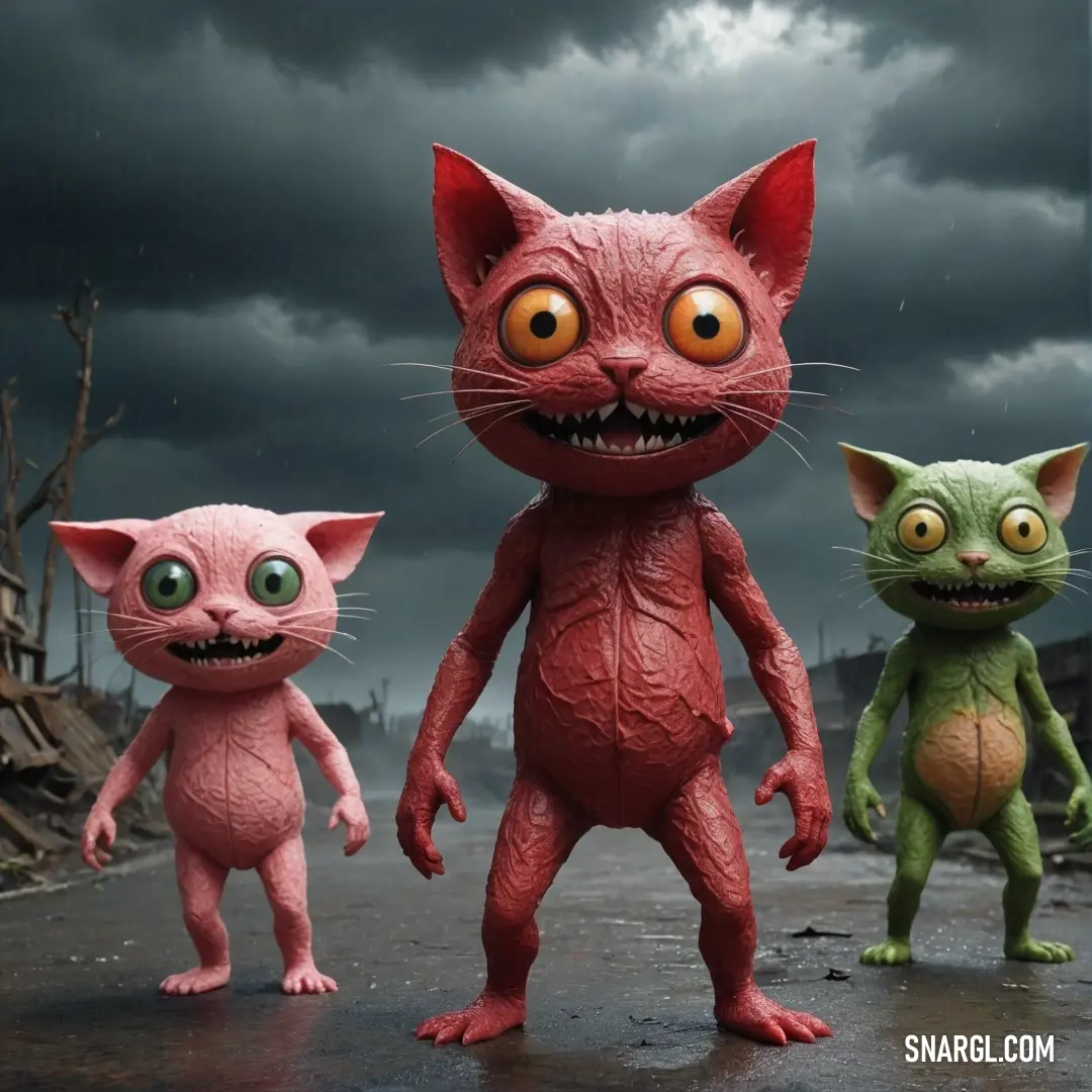 Three distinct cats of varied colors unite on a deserted street, their vibrant hues contrasting against the ominous dark sky, creating a striking and dynamic scene of camaraderie.